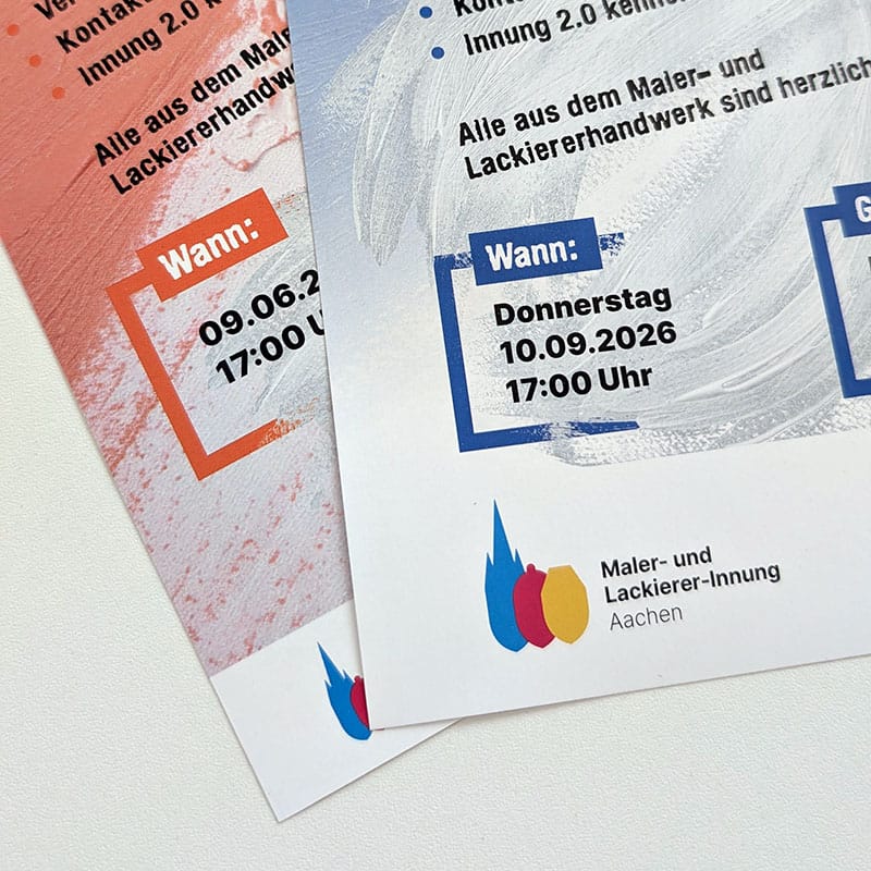 Von CARL FRITZ gestaltete Design- und Corporate-Design-Elemente für die Maler- und Lackierer-Innung Aachen mit modernem Layout und aufmerksamkeitsstarker Printgestaltung.